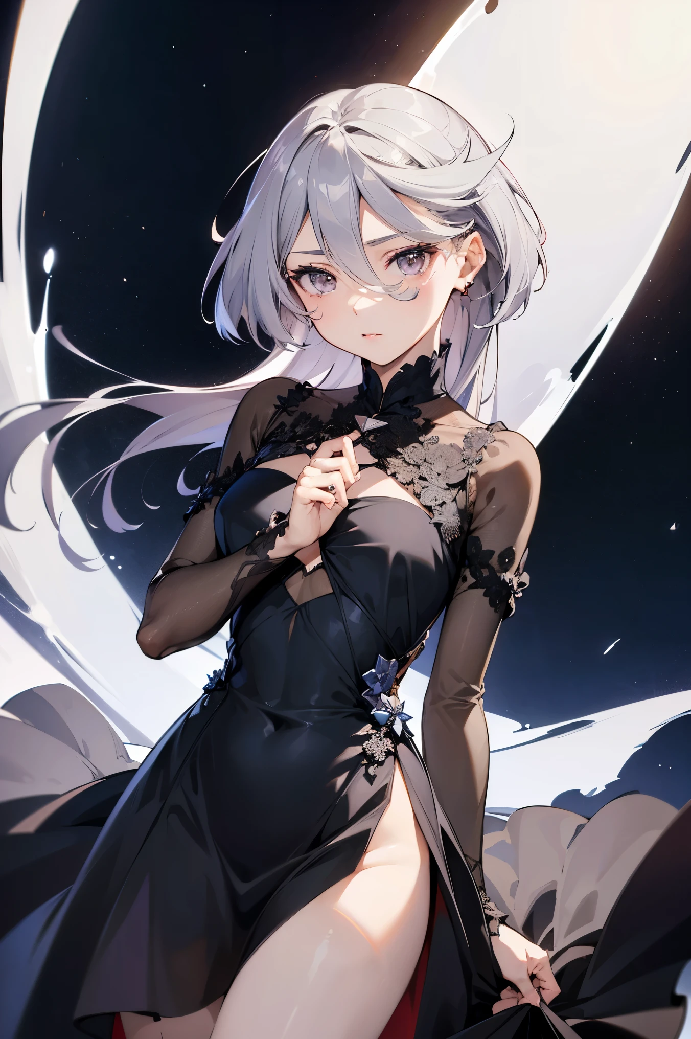 NSFW,masterpiece, top quality, high definition , very detailed ,miorine rembran、 long hair on background、 gray eyes、Grey Hair、 、bangs、 hair between eyes、Floating Hair,(High-quality dress:1.3)