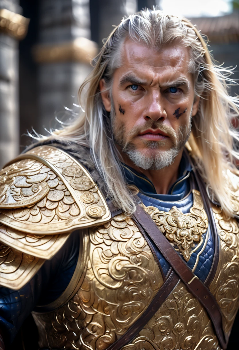 a close up of a 1men in armor armor, Complex armor patterns， gold tracing around some armor pieces, golden armor ，ancient temple background，Clouds in the sky surround the sun，(professional 3d render:1.3) of (Realistic:1.3) ，long white hair 2.0 soft features, Brilliant male hero, ((Epic hero rough fantasy muscular 1male wet hero angry looks white long hair, Intense expression of short beard and dynamic pose, Fantastic location, Majestic and cluttered ancient temple environment)), Full body 8k unit rendering, action shot, skin pore, very dark lighting, heavy shading, A detailed, Detal Face, (vibration, Realistic photography, Realistic, Dramatic, darkly, sharp focus, 8k), (Old leather clothing damaged due to bad weather:1.4)