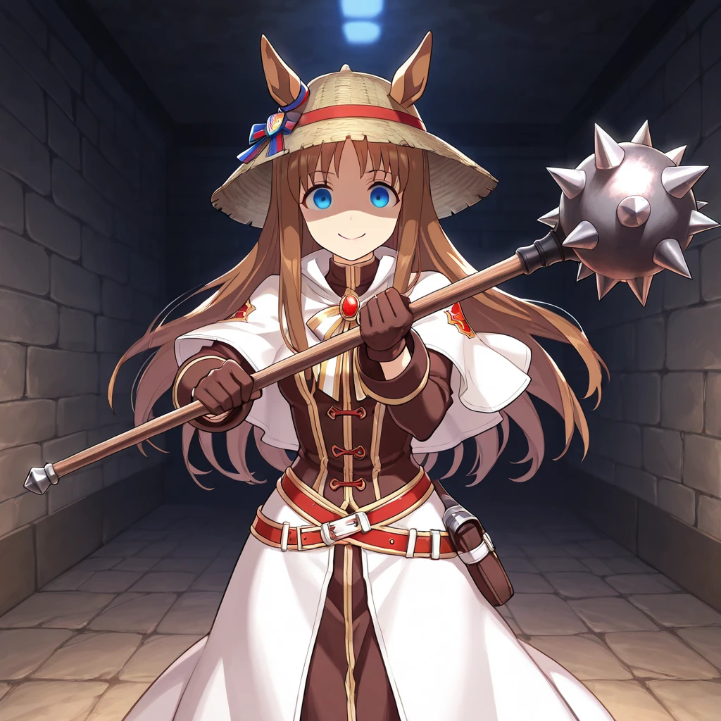 masterpiece , 1 girl , detailed game cg , fantasy , grass wonder \(umamusume\) , wearing Acolyte \(Ragnarok Online\) , japanese bamboo hat , white capelet , brooch , brown shirt , long sleeves , brown gloves , wide belt , white skirt , long skirt , shaded face , bewitching smile , scary but cute , stare gently , ecstatic eyes , holding mace , Blood stained mace , hand on mace , looking at viewer , intimidation , dungeon , dynamic pose , battle scene ,