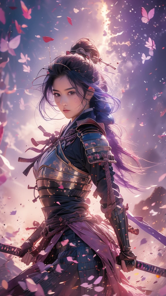 {best quality}, {very aesthetic}, {ultra-detailed}, nsfw、((acrobatic pose)) 、((intense angle))、Sexy Lolita female character wearing purple armor as a warrior from the Sengoku period、((realistic))、((rope braid hair))、((Mauve blue hair ))、((toned body))、(glistening skin)、loli、、 tight body、((flat chest))、((side boob))、 flat chested、 plump thighs 、 purple armor with violet flower patterns engraved 、((side boob))、(  wearing a cape with a violet flower pattern )、(drape skirt)、 purple armor with violet flowers engraved on it 、 purple high-leg underwear 、Purple tights、 absolute domain、(holding katana)、Dramatic lighting、Brilliant sunrise、 on top of the hill、((Violets dancing ))、(( full bloom in the background ))、(( large violet flowers in full bloom on the front ))、 cinema-like scene 、 Max Image、 Ultra High Definition、8k、masterpiece、crisp quality、