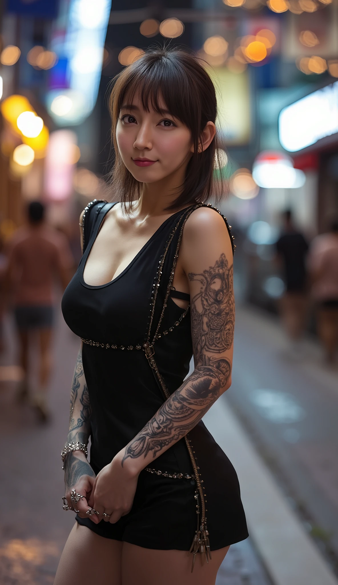 whole body、whole body、whole body、 boots、feet、 1 Japanese girl、Winter clothes、(Raw Photos、 top quality)、( real、 Photorealistic:1.4)、masterpiece、 very delicate and beautiful 、 very detailed、8k wallpaper、Amazing、 fine details 、 very detailedCG Unity、 high definition 、 soft light 、 beautiful and detailed woman 、 very detailed目と顔、 beautifully detailed nose 、 beautifully detailed eyes、 movie-like lights、Night city lights、 perfect anatomy、 slender body、Large breasts、smile、( tousled hair、 asymmetrical bangs 、 light brown hair 、)、 yandere、BDSM、ntfw、 sexually experienced 、developed 、whole body、1.Big Breasts、2. provocative、Tattoo
