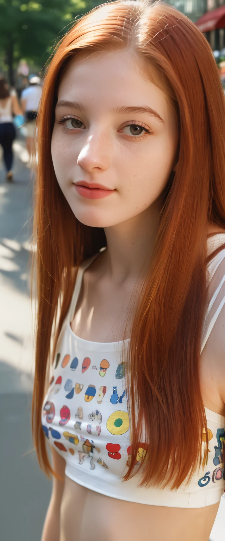 (indistinguishable from reality:1.4), 1girl, selfie, An half portrait of a beautiful 18y.o New York , (detailed facial features), (freckles:0.2), (acne:0.1), long thick luxurious straight hair,red hair, beautiful Jewish nose, shy smile, walking on street, sunny day, sun, crop top, bright primary colors, Nikon FM2, 35mm SLR full body