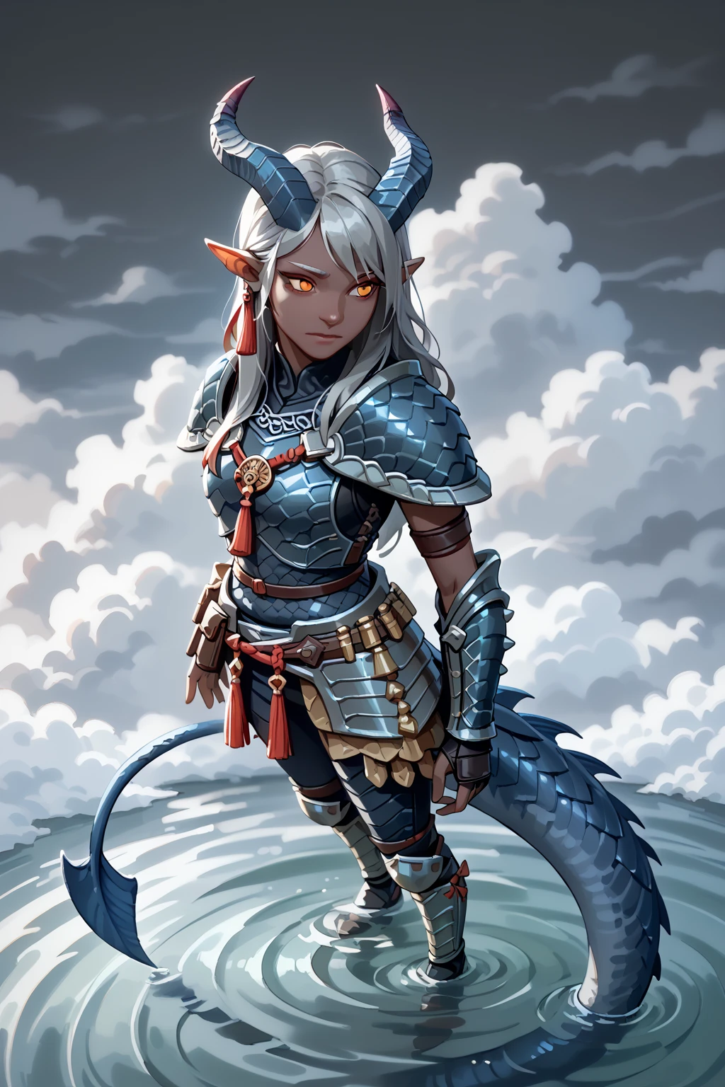 ( There is a sprawling cedar ), standing nearby in the water  (((1Тiefling ,  dark blue-gray skin :1.3),  girl  ,  chainmail, gray-black armor ,   Protection on a thick blue tail,   closed mouth  ,  long, (Thick tifling tail with tassel),   dark gray horns  , long hair white ,  One,   grey hair)) ,  (  top quality ,  masterpiece fails,   in the highest detail ) ,  fantasy background. blue tones, Dark tones,  fantasy background.  Clear water. clouds.  Dark colors , dark shades,  muted colors. (( view from above )). 