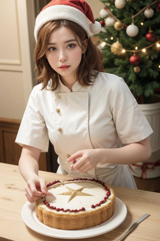 Christmas season, in a cozy pastry shop, a pastry chef, creating a luxurious Christmas cake with intricate decorations, with bob hairstyles pale orange and brown hair, wearing a clean white chef's uniform and Santa Claus's hat, beautiful white-colored translucent skin, slendar figure, neat, clean appearance, surrounded by festive tools and ingredients, looking thoughtful and slightly puzzled, pondering design ideas for the cake, warm holiday lighting, realistic photo style, {realistic}, {cinematic}, {photogenic}