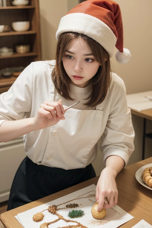 Christmas season, in a cozy pastry shop, a pastry chef, creating a luxurious Christmas cake with intricate decorations, with bob hairstyles pale orange and brown hair, wearing a clean white chef's uniform and Santa Claus's hat, beautiful white-colored translucent skin, slendar figure, neat, clean appearance, surrounded by festive tools and ingredients, looking thoughtful and slightly puzzled, pondering design ideas for the cake, warm holiday lighting, realistic photo style, {realistic}, {cinematic}, {photogenic}