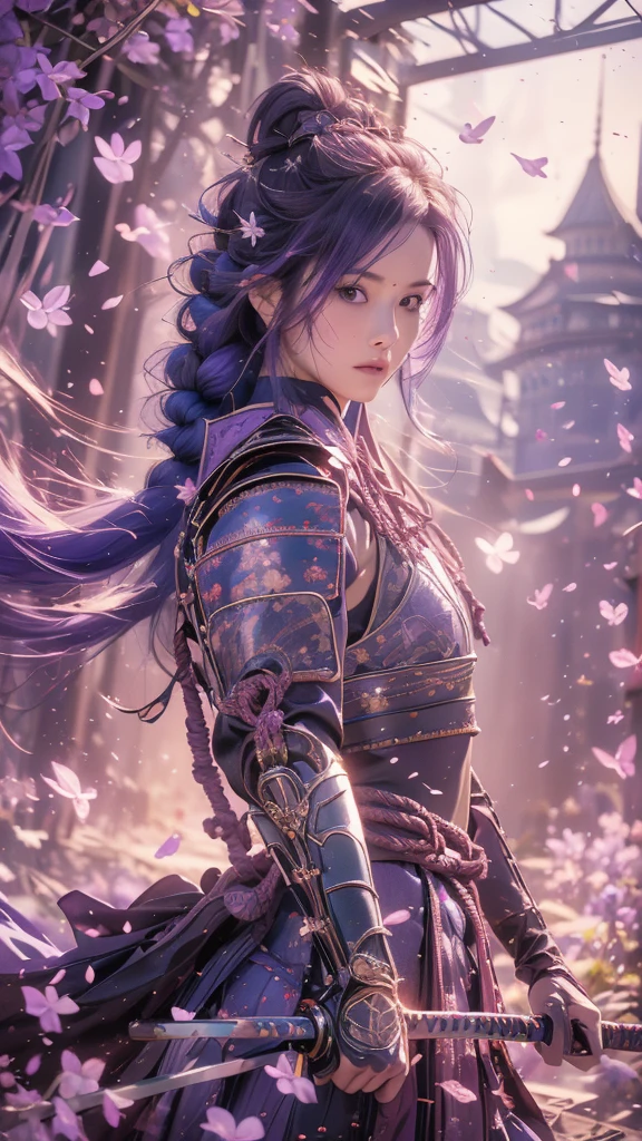 {best quality}, {very aesthetic}, {ultra-detailed}, nsfw、((acrobatic pose)) 、((intense angle))、Sexy Lolita female character wearing purple armor as a warrior from the Sengoku period、((realistic))、((rope braid hair))、((Mauve blue hair ))、((toned body))、(glistening skin)、loli、、 tight body、((flat chest))、((side boob))、 flat chested、 plump thighs 、 purple armor with violet flower patterns engraved 、((side boob))、(  wearing a cape with a violet flower pattern )、(drape skirt)、 purple armor with violet flowers engraved on it 、 purple high-leg underwear 、Purple tights、 absolute domain、(holding katana)、Dramatic lighting、Brilliant sunrise、 on top of the hill、((Violets dancing ))、(( full bloom in the background ))、(( large violet flowers in full bloom on the front ))、 cinema-like scene 、 Max Image、 Ultra High Definition、8k、masterpiece、crisp quality、