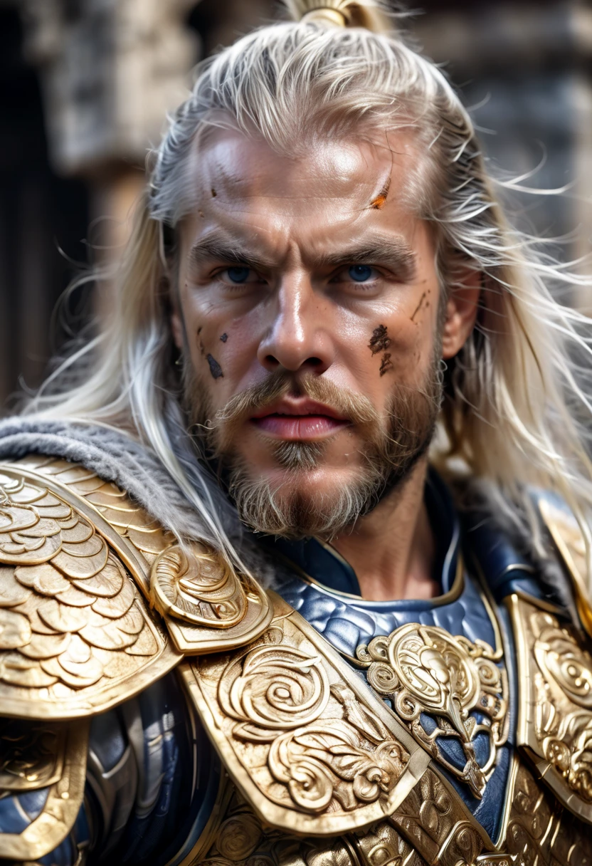 a close up of a 1men in armor armor, Complex armor patterns， gold tracing around some armor pieces, golden armor ，ancient temple background，Clouds in the sky surround the sun，(professional 3d render:1.3) of (Realistic:1.3) ，long white hair 2.0 soft features, Brilliant male hero, ((Epic hero rough fantasy muscular 1male wet hero angry looks white long hair, Intense expression of short beard and dynamic pose, Fantastic location, Majestic and cluttered ancient temple environment)), Full body 8k unit rendering, action shot, skin pore, very dark lighting, heavy shading, A detailed, Detal Face, (vibration, Realistic photography, Realistic, Dramatic, darkly, sharp focus, 8k), 