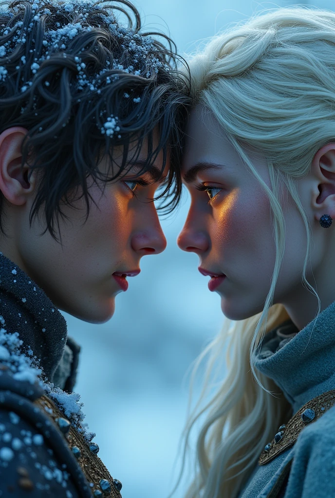A targaryen teenager boy with 14 years with silver short hair, silver eyebrows and purple eyes, Winterfell scenary, shirtless in the snow, couple