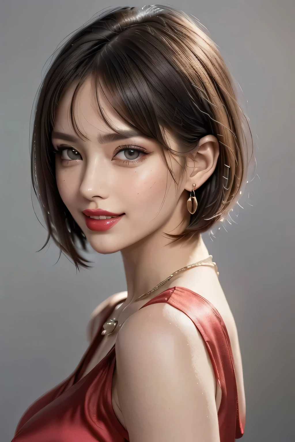 1.  beautiful woman, (1 supermodel), (   perfect anatomy ), (( cowboy shot)), Golden Ratio, (  top quality:1.4), 32k resolution, (   realistic   :1.5), (超   realistic   :1.5), High resolution UHD, (masterpiece :1.2)), (Improved quality:1.4), ( Very Beautiful Face Details ), (Grin), (Top quality realistic feel), (( red silk dress :1.37)), Earrings,  Necklaces , (Big Breasts:1.3), (thigh), (Ass ), Accurate Fingers,  very detailed,  beautiful eyes,  double eyelids ,  eyelash , Shaping your eyebrows, (( very detailed portraits)),  red cheeks , Ultra-  realistic   eyes, Perfect Lips,    perfect eyes,  natural cosmetics, [ Pink Lipstick ], (( Commitment to quality :1.2)), ( beautiful lips:1.33), (Great nose:1.2), (Big Breasts), Brunette Pixie Cut , (( realistic )), (( sharp concentration)), ( highest resolution), (( high image quality)), ((masterpiece)),  PROFESSIONAL CINEMA LIGHTING