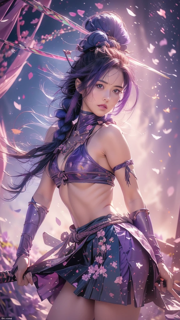 {best quality}, {very aesthetic}, {ultra-detailed}, nsfw、((acrobatic pose)) 、((intense angle))、Sexy Lolita female character wearing purple armor as a warrior from the Sengoku period、((realistic))、((rope braid hair))、((Mauve blue hair ))、((toned body))、(glistening skin)、loli、、 tight body、((flat chest))、((side boob))、 flat chested、 plump thighs 、 purple armor with violet flower patterns engraved 、((side boob))、(  wearing a cape with a violet flower pattern )、(drape skirt)、 purple armor with violet flowers engraved on it 、 purple high-leg underwear 、Purple tights、 absolute domain、(holding katana)、Dramatic lighting、Brilliant sunrise、 on top of the hill、((Violets dancing ))、(( full bloom in the background ))、(( large violet flowers in full bloom on the front ))、 cinema-like scene 、 Max Image、 Ultra High Definition、8k、masterpiece、crisp quality、