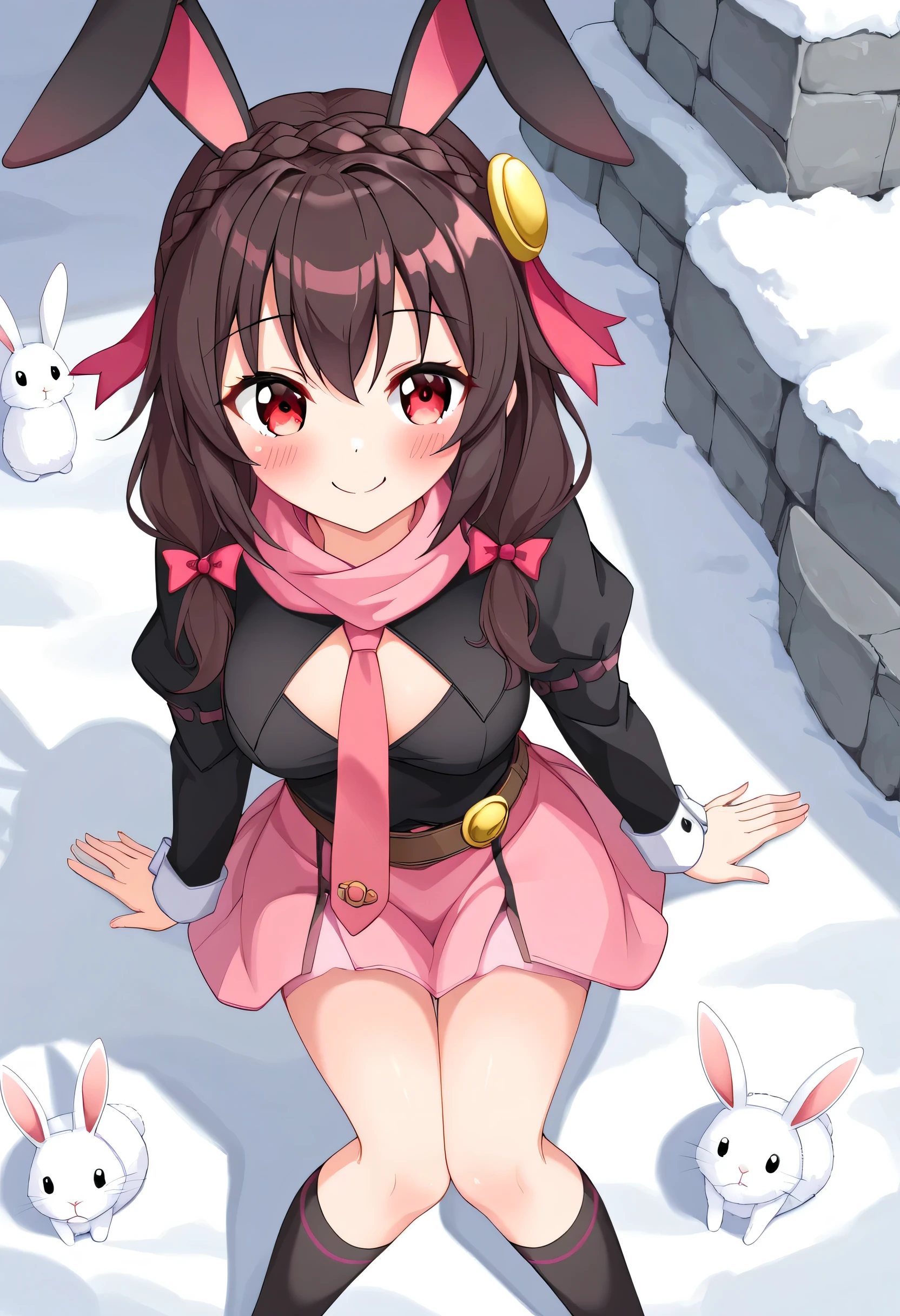 yunyun、masterpiece, top quality,  high definition ,(one person), Yunyun、 Former name yunyun,  crown braid the same color as hair,  black hair、 red eyes、 hair accessories ,  hair ribbon, ( Pink tie :1.2), Black long sleeve,  pink skirt,  Knee-High Socks, belt, ( chest cutout ),( clevis on a stone)、 big-breasted 、(blush)、Happy smile、Snow Scene、(Snow rabbit made of snow :1.2)、 I'm wearing a scarf 、 it's snowing、Snow is piled up on my head、♥、❤、heart