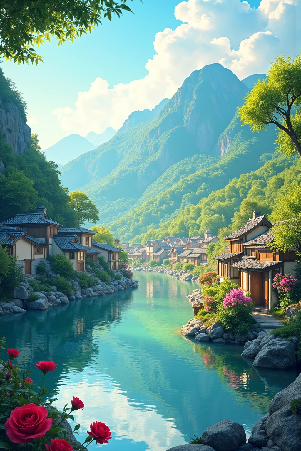  a small village by the river，Mountains in the background，Flowers in bloom，Bright colors， Detailed Scenery ， beautiful natural silver landscape ，Mood lighting，Scorching sunset，Warm colors，practical，practical摄影，Delicate leaves，Complex buildings， cobblestone streets ，Charming Country Cottage， The bright colors of swirls ，Dense vegetation，Still water reflections， Picturesque ，Leisure and tranquility，artwork， Best Quality ，8k，Extremely detailed， anime style