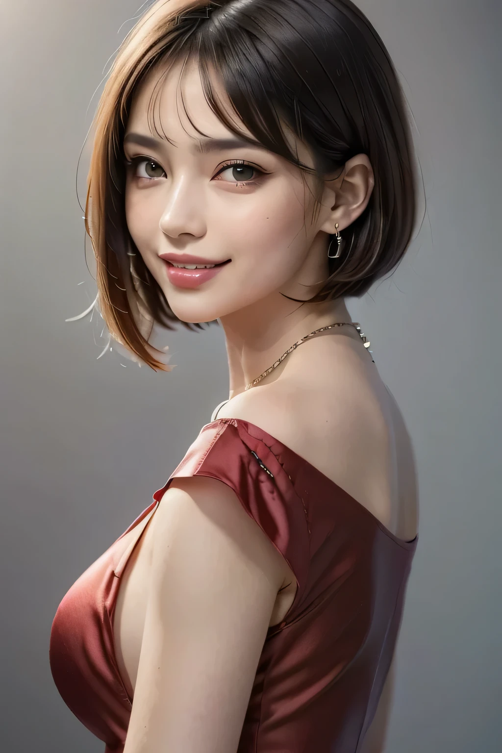 1.  beautiful woman, (1 supermodel), (   perfect anatomy ), (( cowboy shot)), Golden Ratio, (  top quality:1.4), 32k resolution, (   realistic   :1.5), (超   realistic   :1.5), High resolution UHD, (masterpiece :1.2)), (Improved quality:1.4), ( Very Beautiful Face Details ), (Grin), (Top quality realistic feel), (( red silk dress :1.37)), Earrings,  Necklaces , (Big Breasts:1.3), (thigh), (Ass ), Accurate Fingers,  very detailed,  beautiful eyes,  double eyelids ,  eyelash , Shaping your eyebrows, (( very detailed portraits)),  red cheeks , Ultra-  realistic   eyes, Perfect Lips,    perfect eyes,  natural cosmetics, [ Pink Lipstick ], (( Commitment to quality :1.2)), ( beautiful lips:1.33), (Great nose:1.2), (Big Breasts), Brunette Pixie Cut , (( realistic )), (( sharp concentration)), ( highest resolution), (( high image quality)), ((masterpiece)),  PROFESSIONAL CINEMA LIGHTING