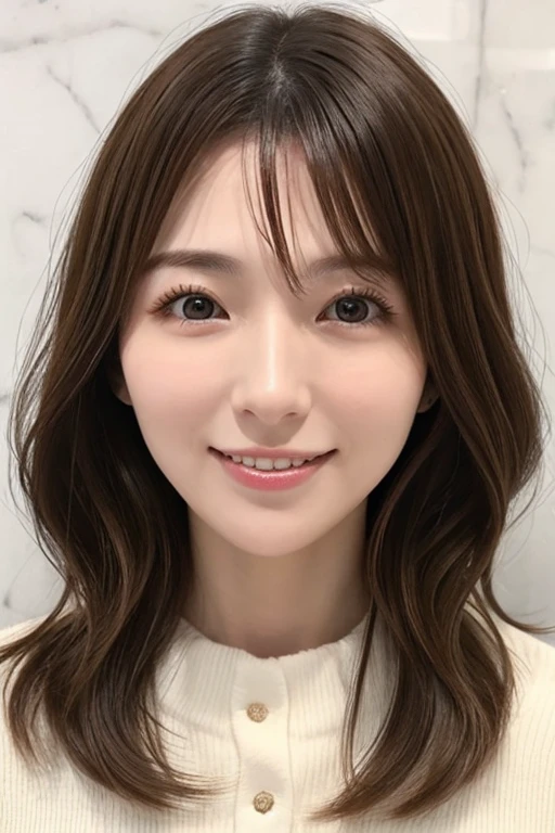  mature girlfriend 、 face forward、 close-up face、 clear 、virgin、25 years old、 wavy shoulder-length hair 、Double teeth、 bright 、 Japanese 、 realistic feel