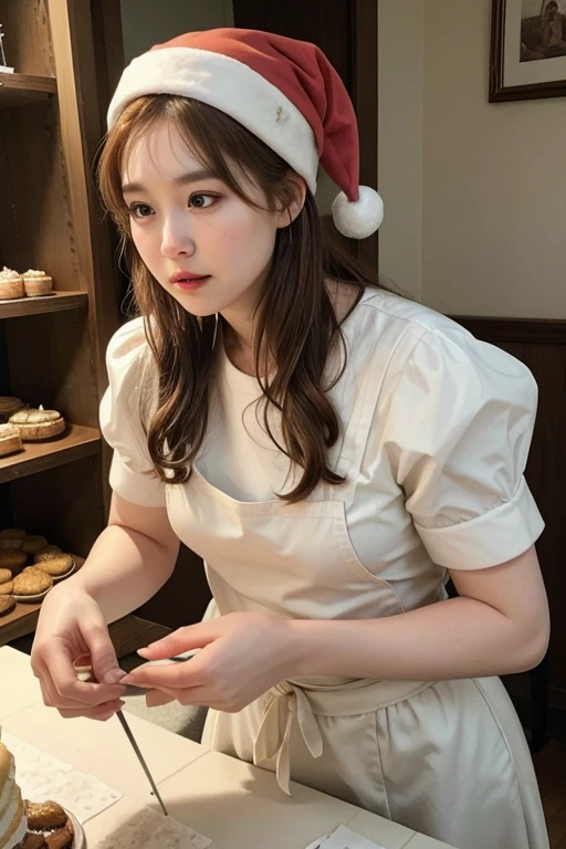 Christmas season, in a cozy pastry shop, a pastry chef, creating a luxurious Christmas cake with intricate decorations, with bob hairstyles pale orange and brown hair, wearing a clean white chef's uniform and Santa Claus's hat, beautiful white-colored translucent skin, slendar figure, neat, clean appearance, surrounded by festive tools and ingredients, looking thoughtful and slightly puzzled, pondering design ideas for the cake, warm holiday lighting, realistic photo style, {realistic}, {cinematic}, {photogenic}