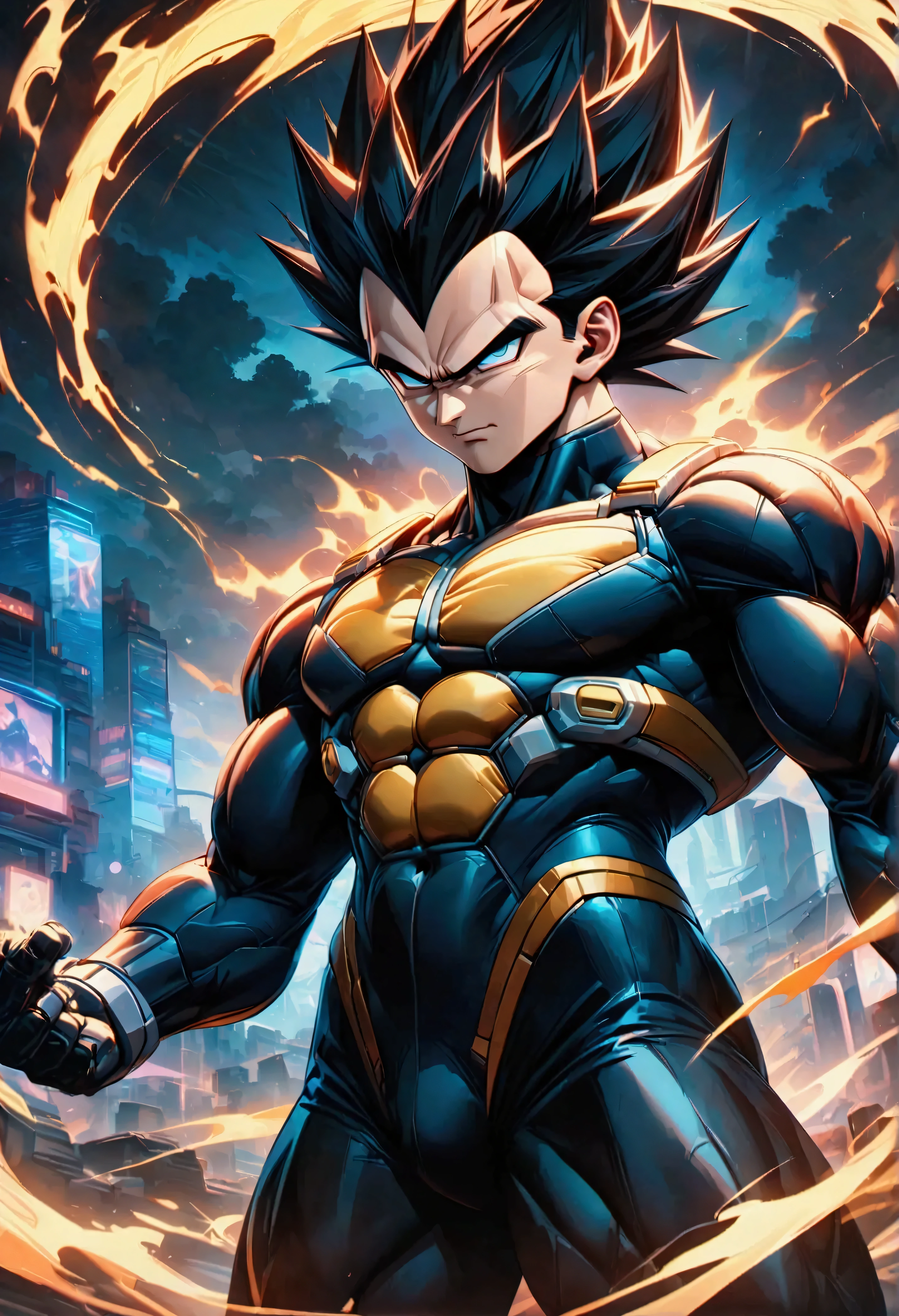 Vegeta in his Super Saiyan form with a futuristic cyborg twist, radiating intense ki and rage. His body is enhanced with sleek, high-tech bionic armor and glowing, neon mechanical details, blending seamlessly with his muscular physique. His eyes burn with fierce determination, surrounded by an aura of raw energy that fluctuates with vivid blue, purple, and gold hues. The intricate cybernetic enhancements are visible around his arms and chest, adding an advanced, high-tech appearance to his Saiyan warrior persona. His spiked hair glows with the vibrant energy of Super Saiyan transformation, while his facial expression exudes intensity and pride. The background is a dynamic, futuristic cityscape filled with neon lights and swirling energy, emphasizing the power and fury of his Ultra Ego state. Electric energy crackles in the air as his ki surges, creating an atmosphere of explosive tension. The entire composition is detailed, high-resolution, and cinematic, with the scene perfectly capturing the essence of Vegeta's strength and power. (masterpiece, highest quality, super detailed, 8K resolution, dynamic composition, vivid neon effects, ultra-realistic, cinematic lighting).