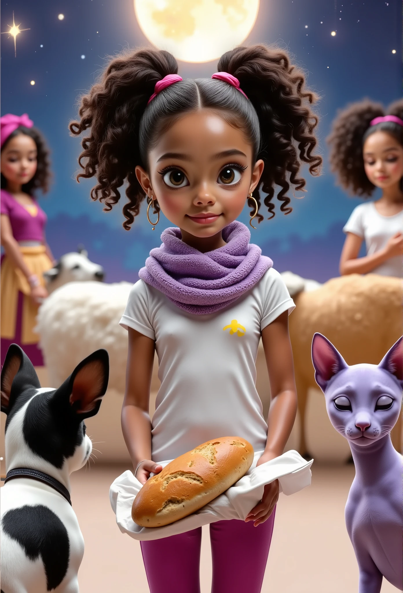 Inspired by the films of the characters in the posters of Disney Pixar, create the image of a girl with black curly hair tied in two ponytails with red ribbons wearing a lilac scarf wrapped around her neck to protect herself from the cold a white t-shirt holding a loaf of bread wrapped in a small white cloth she is facing the manger where the baby Jesus is next to this baby Jesus are her parents Mary and Joseph next to them are a cow a sheep and a donkey the place is a simple stable but you can see that it is a well lit place the camera captures the girl from behind her back her two companions are also with their backs a black and white French bulldog puppy and a hairless purple cat of the Sphinx breed in the scene only the heads of the two animals appear