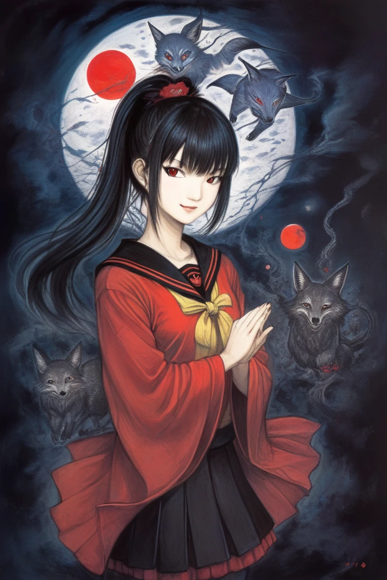 by Yoshitaka Amano, (Broad lighting),  low key lighting , Picturesque, dark(  fantasy art , (Yoshitaka Amano)), (Full-length portrait of a woman, suzuka nakamoto xl,  black ponytail hair, smile,  red eyeshadow), Fox Shrine , ( school uniform , Red accents), Red Moon