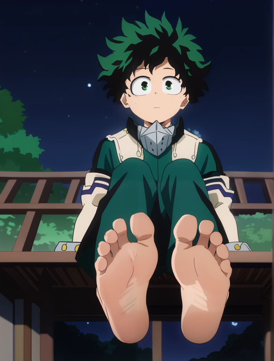 Score_9, score_8_up, source_anime, 1boy, Midoriya Izuku, big eyes, alone, looking at viewer, in the garden, night, sitting, cowboy shot, ANIME SCREENCAP, anime coloring, barefoot, perfect feet, anatomically correct, soles, low angle, focal length 35mm, each foot has five toes, front, symmetrical soles, foot focus