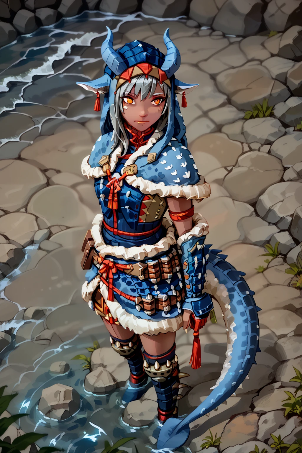 ( There is a sprawling cedar ), standing nearby in the water  (((1Тiefling ,  dark blue-gray skin :1.4),  girl  ,  chainmail, gray-black armor ,   Protection on a thick blue tail,   closed mouth  ,  long, (Thick tifling tail with tassel),   dark gray horns  , long hair white ,  One,   grey hair)) ,  (  top quality ,  masterpiece fails,   in the highest detail ) ,  fantasy background. blue tones, Dark tones,  fantasy background.  Clear water. clouds.  Dark colors , dark shades,  muted colors. (( view from above )). 