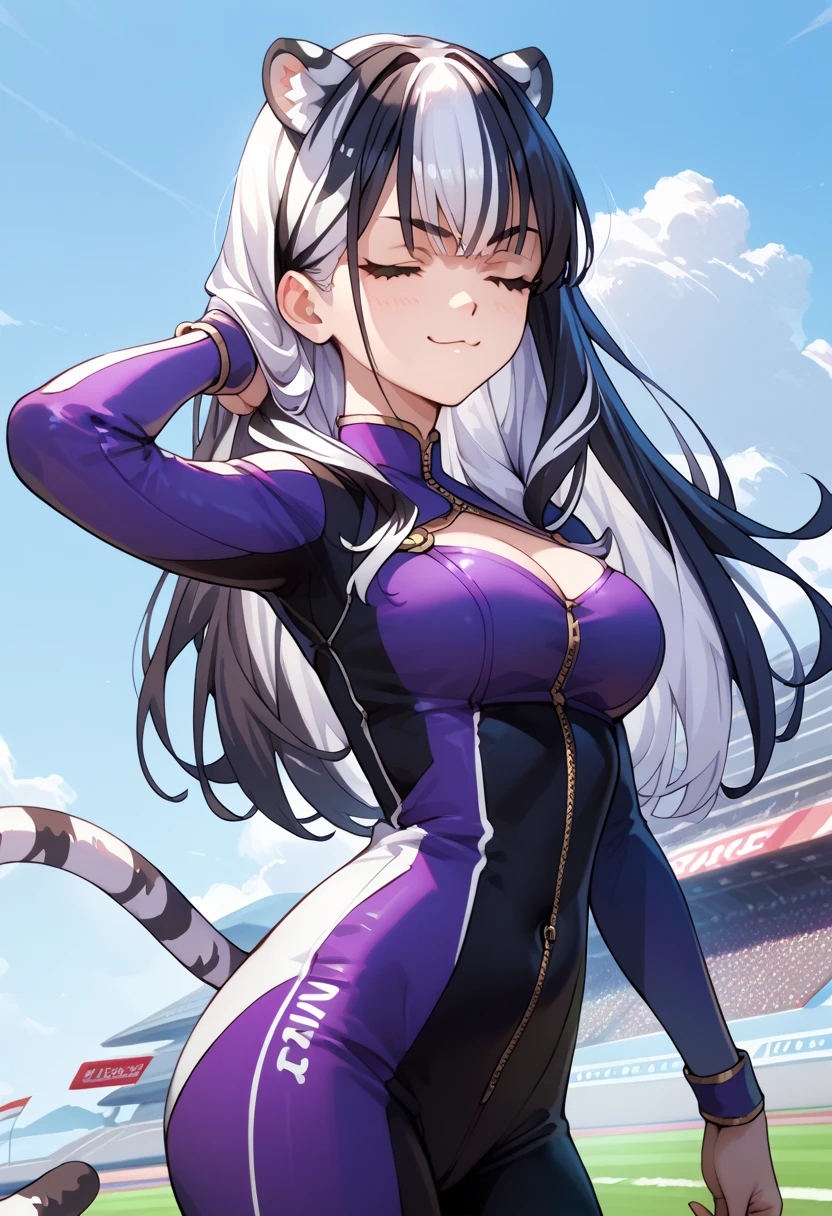 ((masterpiece)), anime lighting, 1girl, white hair, black hair, multicolored hair, white tiger ears, white tiger tail, closed eyes, sadistic smirk, smug, racing suit, purple outfit, black outfit, multicolored outfit, tight outfit.