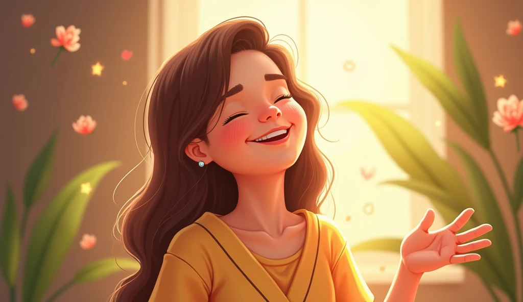 A girl with black glasses and straight brown hair who is singing very happily and in love with music 