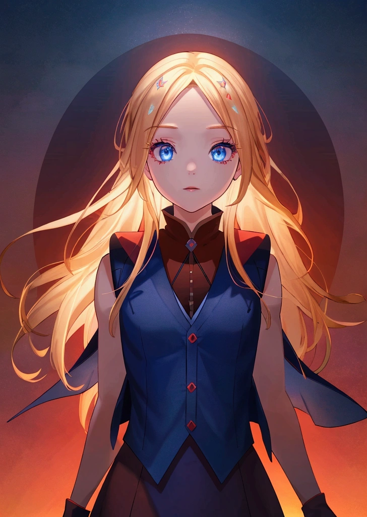 The background is a sunset sunset 、 blue and red contrast like a game cover、Night Sky、Sky City、church,Like a game cover、eclecia(Half Blonde、 blue eyes、 has long eyelashes）、 ( high resolution CG Unity 8K Wallpaper , masterpiece,  top quality,  very detailed,  vest shadow), ( Detailed Background ),