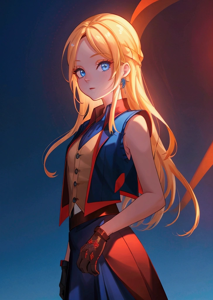 The background is a sunset sunset 、 blue and red contrast like a game cover、Night Sky、Sky City、church,Like a game cover、eclecia(Half Blonde、 blue eyes、 has long eyelashes）、 ( high resolution CG Unity 8K Wallpaper , masterpiece,  top quality,  very detailed,  vest shadow), ( Detailed Background ),