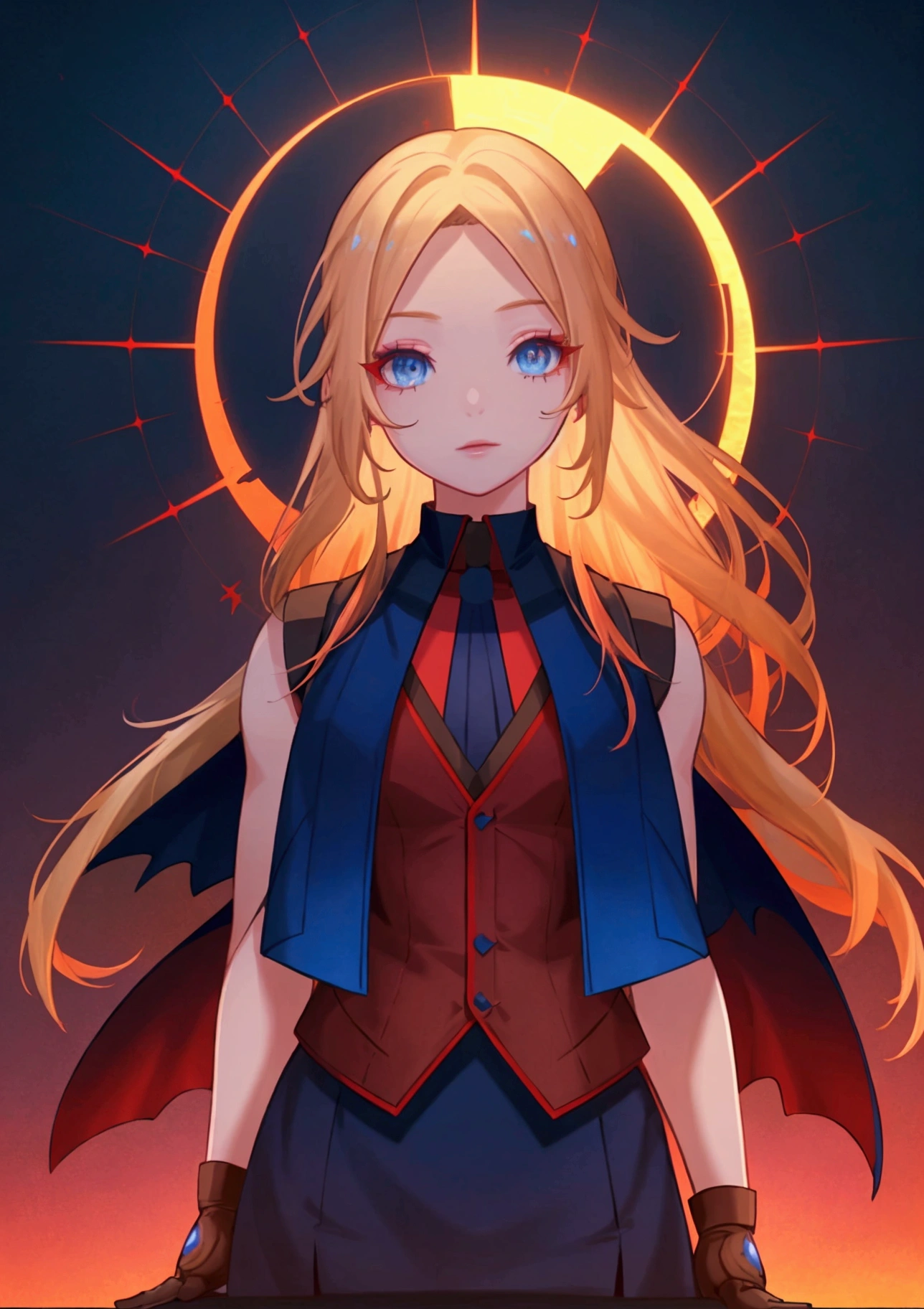 The background is a sunset sunset 、 blue and red contrast like a game cover、Night Sky、Sky City、church,Like a game cover、eclecia(Half Blonde、 blue eyes、 has long eyelashes）、 ( high resolution CG Unity 8K Wallpaper , masterpiece,  top quality,  very detailed,  vest shadow), ( Detailed Background ),