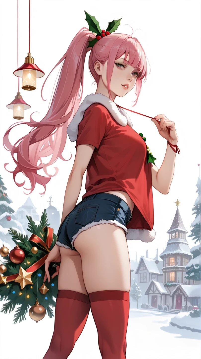 vramsramirez , 1 , Alone,  long ponytail, pink hair,  white background,  short sleeve shirt ,  three-bedroom view,  parted lips,  short shorts , posing, Anime illustration,  Santa Claus Village , Xmas,  Christmas decorations , colorful, color lamps , cinematic,