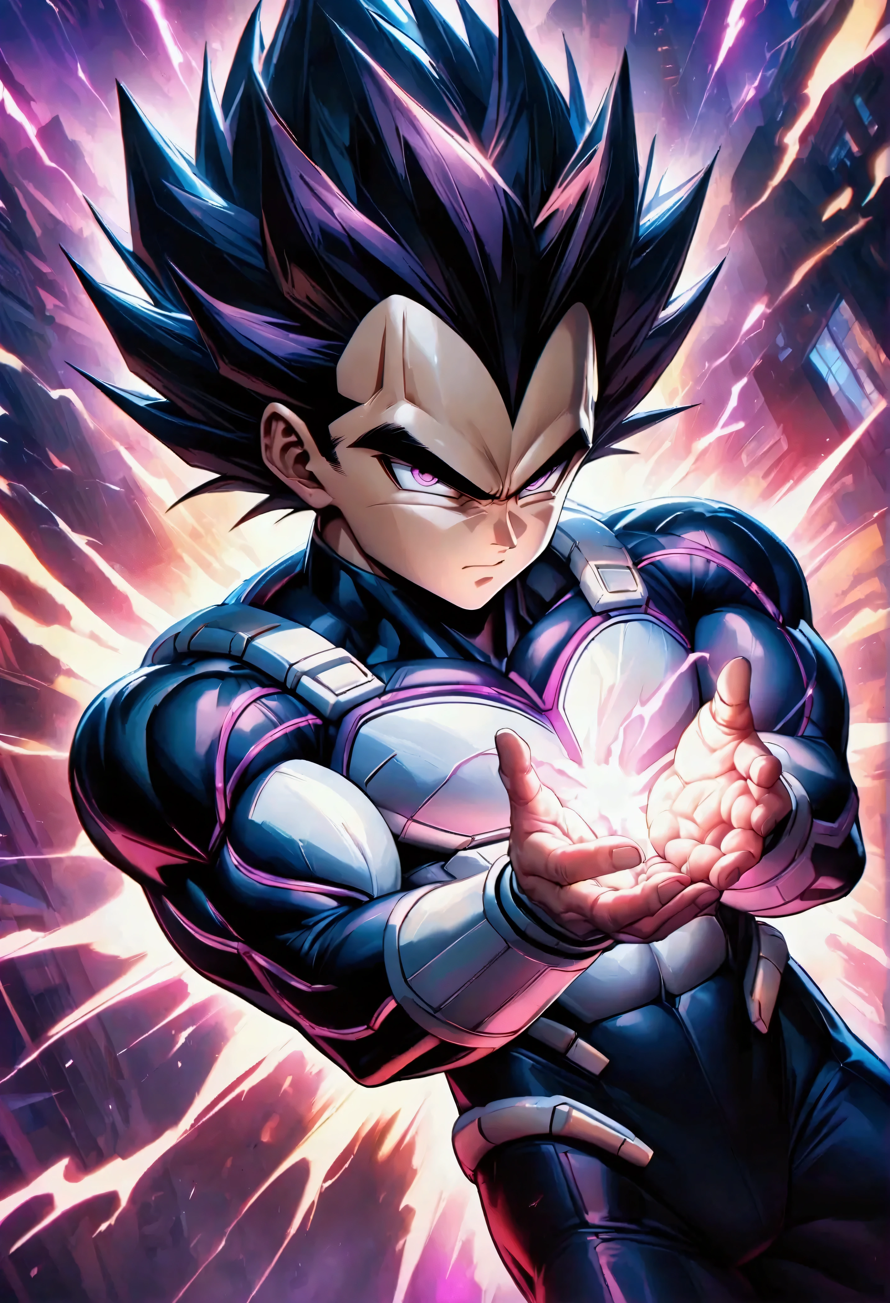 Vegeta in his Ultra Ego form, with his hair glowing a striking purple hue, surrounded by a chaotic explosion of purple and white ki. The energy radiates with immense power, enveloping him in a whirlwind of vibrant colors as the ki blast erupts from his hands. His eyes glow fiercely with a mixture of purple and white, reflecting his newfound strength and unyielding pride. His body is adorned with subtle futuristic, cybernetic armor that enhances his already imposing presence. The background features a futuristic dystopian city, with neon lights and swirling energy adding to the chaotic atmosphere. The entire scene is filled with intense lighting, dramatic contrasts, and ultra-realistic details, emphasizing the godlike power of Vegeta in Ultra Ego form. (masterpiece, highest quality, detailed, 8K resolution, intense lighting, vivid neon effects, high-energy action).