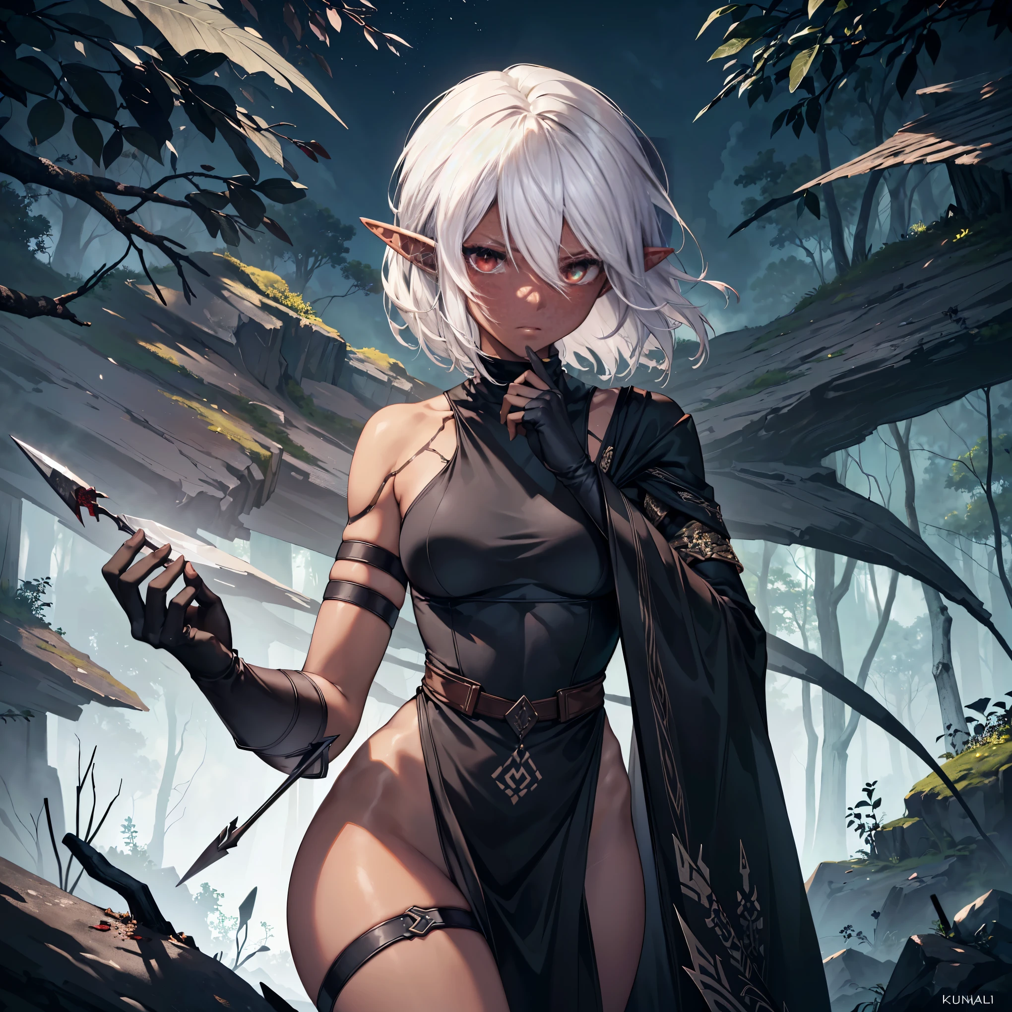 ((1 Indian woman)),((with tribal tattoos, abdomen))),((medium breasts, naked breasts, erect breasts, naked pussy)),((white hair)),((brown eyes, hopeless face )),((standing, In a haunted forest, at night)),((1 arm behind the back)),