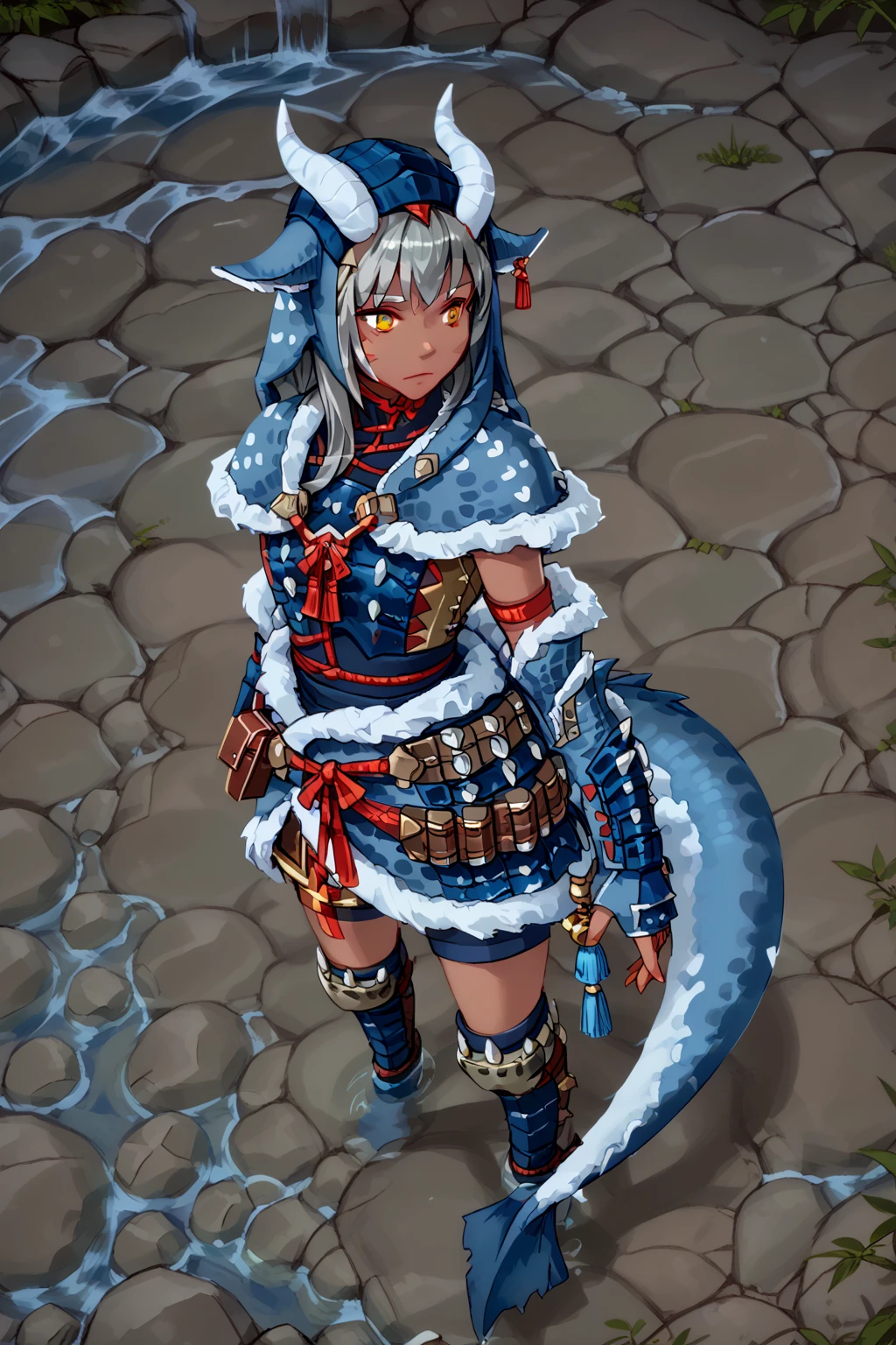 ( There is a sprawling cedar ), standing nearby in the water  (((1Тiefling ,  dark blue-gray skin :1.4),  girl  ,  chainmail, gray-black armor ,   Protection on a thick blue tail,   closed mouth  ,  long, (Thick tifling tail with tassel),   dark gray horns  , long hair white ,  One,   grey hair)) ,  (  top quality ,  masterpiece fails,   in the highest detail ) ,  fantasy background. blue tones, Dark tones,  fantasy background.  Clear water. clouds.  Dark colors , dark shades,  muted colors. (( view from above )).  muted colors. 