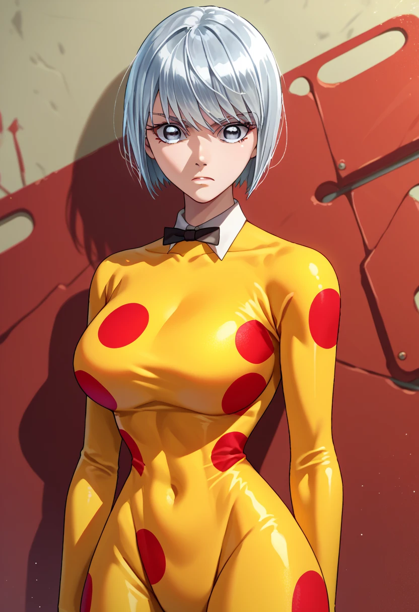 score_9, score_8_up, score_7_up, score_6_up,  source_Anime,  1 girl, Alone, Celeonore  ,  Silver Hair,  short hair,  gray eyes,  bob cut,  yellow bodysuit,   polka dot bodysuit ,   black bow tie, upper body,  Big Breasts,  Watching You , Hip, nsfw