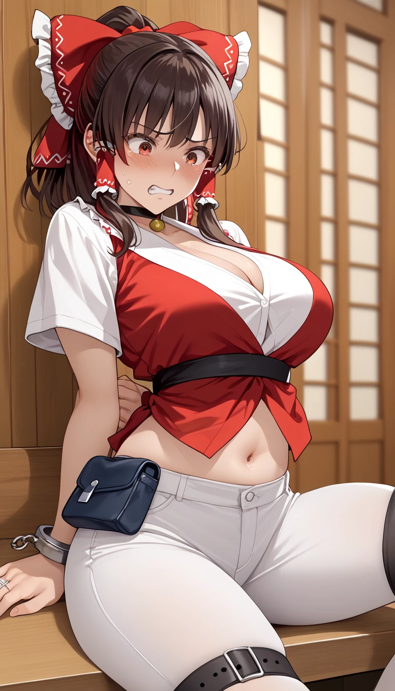 masterpiece,  top quality, 1 person, Detailed Background 、A person who writes in detail、 accurate human body、Knowledgeable person、( accurate 5 fingers), female high school student female,Thighsが太い,curvy body、Thighs、Alone,(middle breasts), 1girl, Hakurei Reimu, cleavage, navel, holster, pants, Hakurei Reimu, Wedding ring on left ring finger,my wife,choker,ponytail hair, undershirts,,((( restrained))),(((Forced Orgasm)))