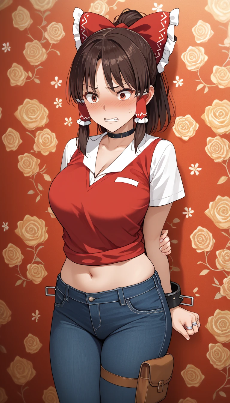 masterpiece,  top quality, 1 person, Detailed Background 、A person who writes in detail、 accurate human body、Knowledgeable person、( accurate 5 fingers), female high school student female,Thighsが太い,curvy body、Thighs、Alone,(middle breasts), 1girl, Hakurei Reimu, cleavage, navel, holster, pants, Hakurei Reimu, Wedding ring on left ring finger,my wife,choker,ponytail hair, undershirts,,((( restrained))),(((Forced Orgasm)))