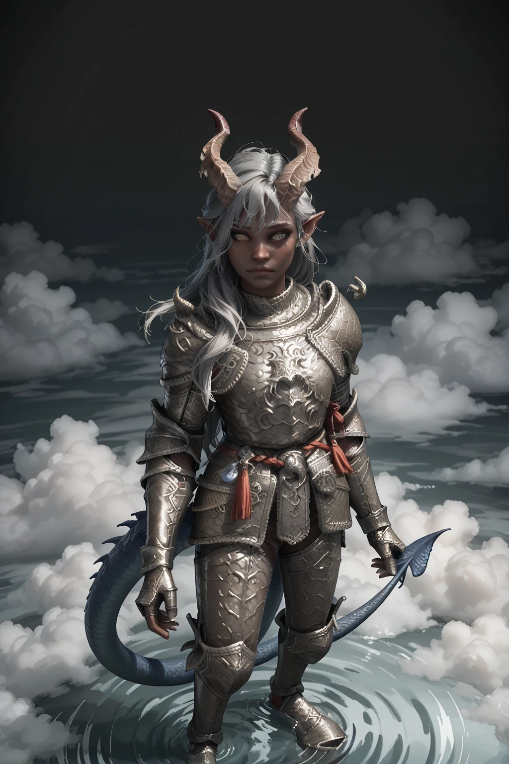 (A sprawling cedar is growing), standing nearby in the water  (((1Тiefling ,  dark blue-gray skin :1.4),  girl  ,  chainmail, gray-black armor ,   Protection on a thick blue tail,   closed mouth  ,  long, (Thick tifling tail with tassel),   dark gray horns  , long hair white ,  One,   grey hair)) ,  (  top quality ,  masterpiece fails,   in the highest detail ) ,  fantasy background. blue tones, Dark tones,  fantasy background.  Clear water. clouds.  Dark colors , dark shades,  muted colors. (( view from above )).  muted colors. 