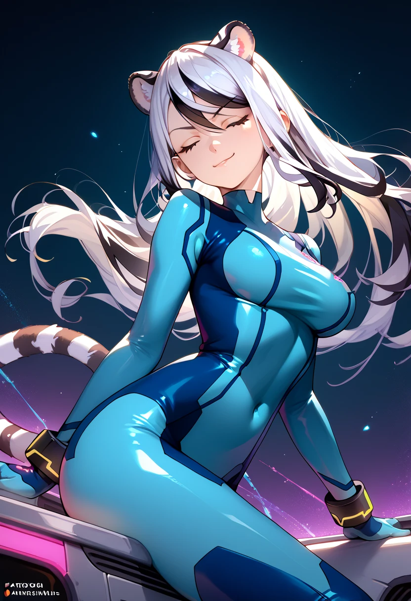 ((masterpiece)), anime lighting, 1girl, white hair, black hair, multicolored hair, white tiger ears, white tiger tail, closed eyes, sadistic smirk, smug, Zero suit, purple outfit, black outfit, multicolored outfit, tight outfit.