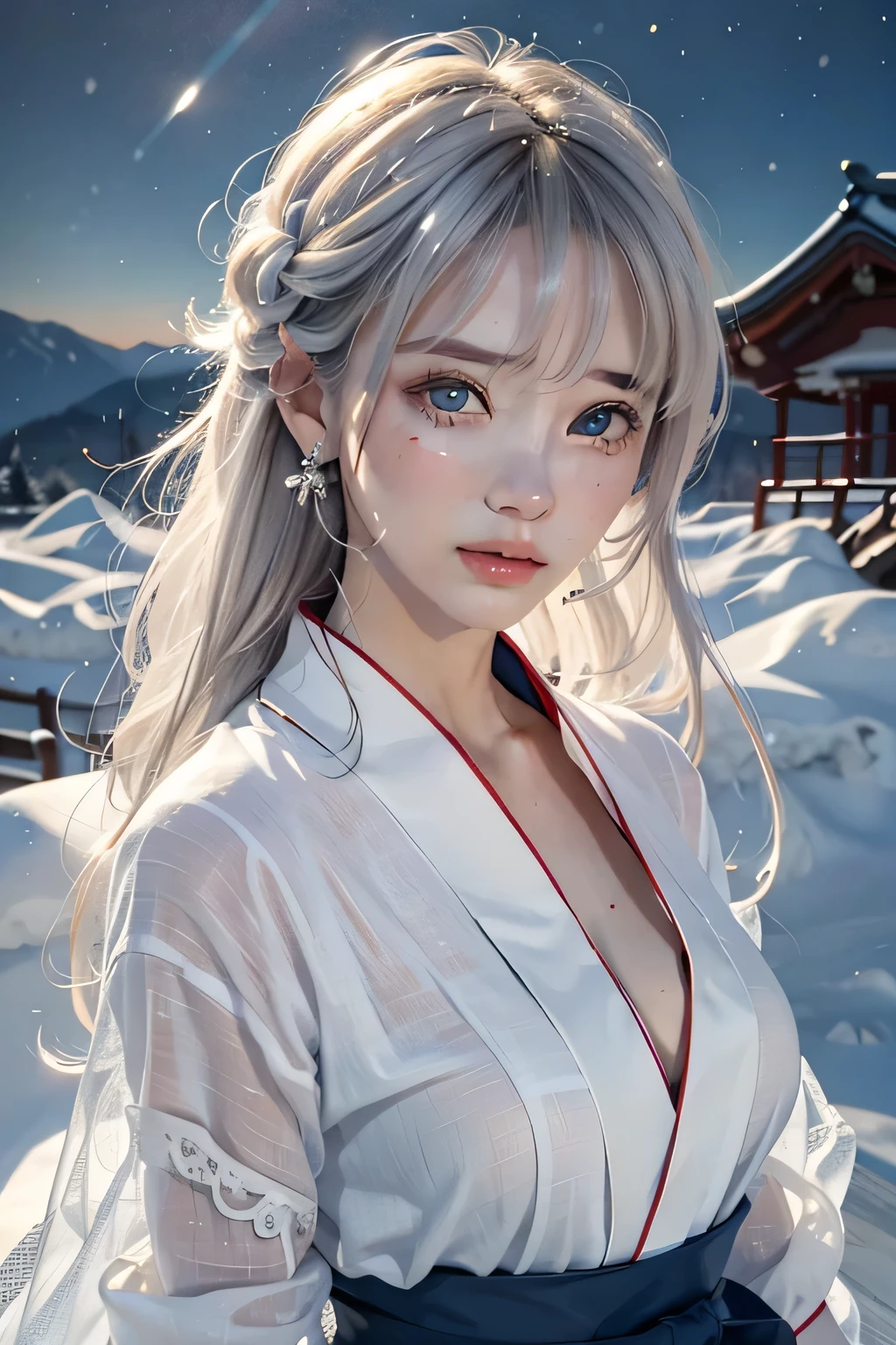 ((White skin)),((Monster Girl)),((White skin)), Solo, Lying, Dynamic Angle, view the viewer, (((Masterpiece))), {Perfect anatomy}, {Perfect hands}, (((Best quality))), ((Ultra-detailed)), ((Solo)), (illustration). Lips, (Detailed lips), Beautiful detailed eyes, high resolution, Female only, 8K_the wallpaper, Colorful, White hair, Long hair, Straight hair, Blunt bangs, , hair adornments, Snow ornaments, ( White eyes), (Devil's Eye) ((bathrobe)), ((White yukata)), cleavage, An emotionless smile, Snow,, zettai ryouiki, Dynamic pose, laying, Ice aura, Snowy pine forest background ,looking at viewert --auto