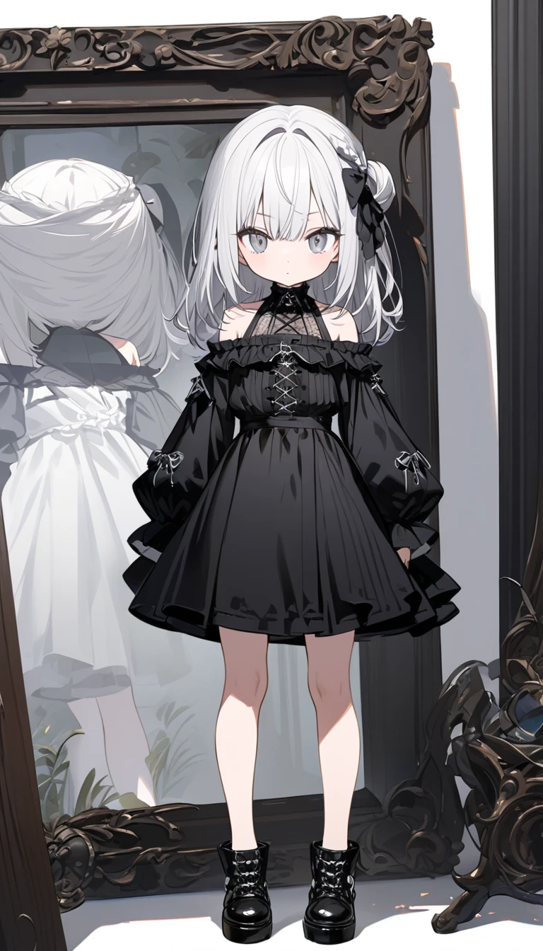 loli, demon, short, white hair, looking at viewer, no expression, full body, black skirt, hidden hands, demon tail