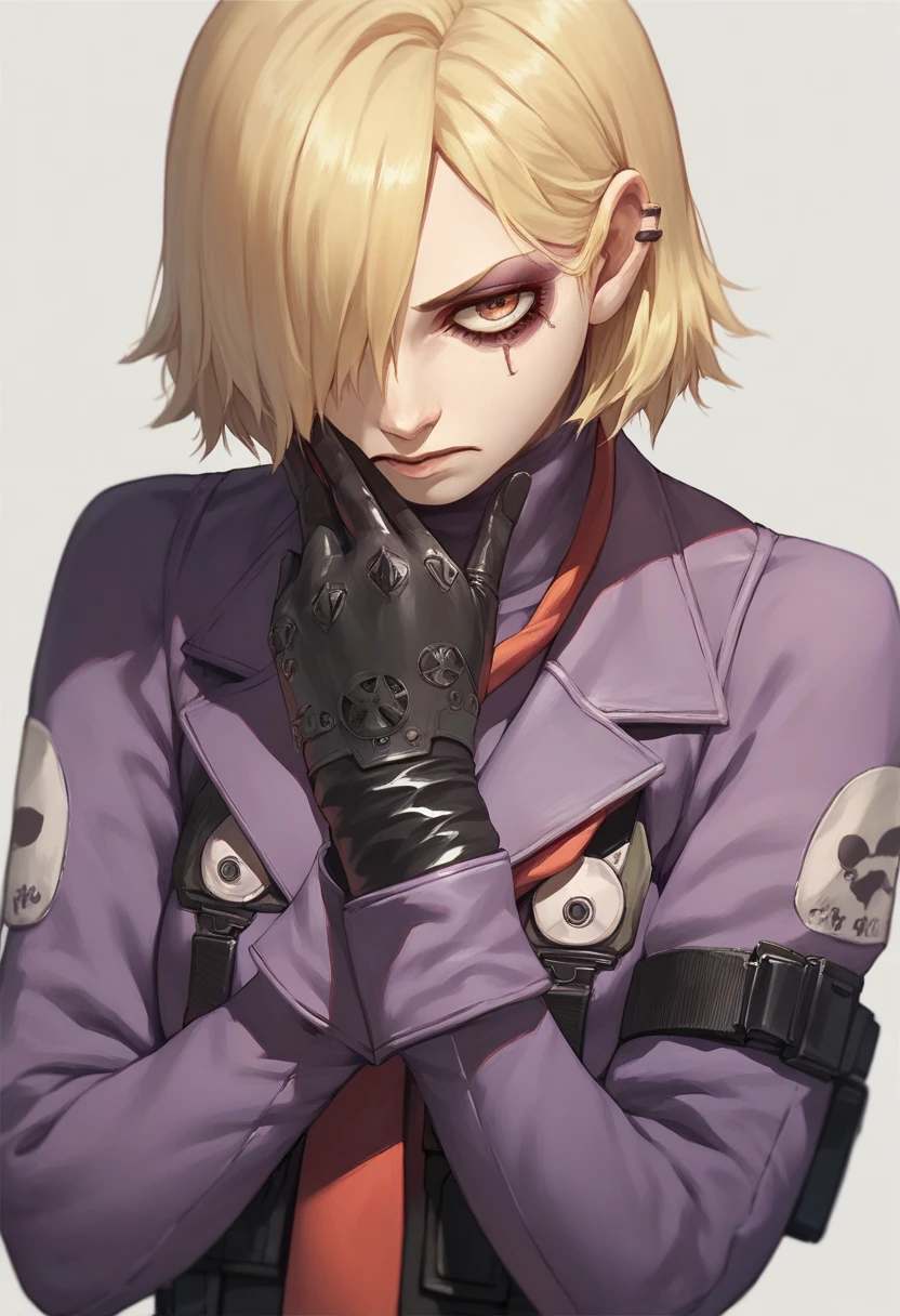 solo, girlfocus, 1girl, blonde emo hair covering left eye, purple suit, red neck tie, gloves, yoji_shinkawa, metal gear