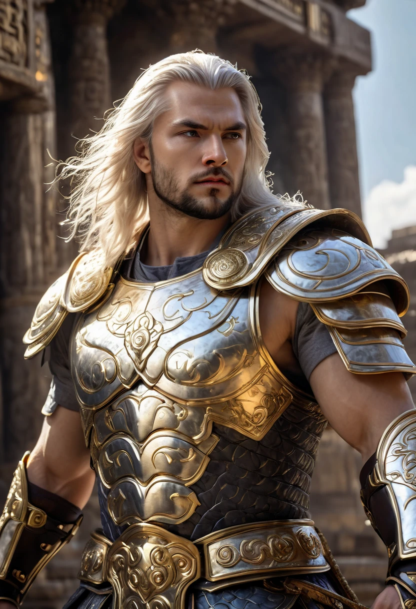 a close up of a 1men in armor armor, Complex armor patterns， gold tracing around some armor pieces, golden armor ，ancient temple background，Clouds in the sky surround the sun，(professional 3d render:1.3) of (Realistic:1.3) ，long white hair 2.0 soft features, Brilliant male hero, ((Epic hero rough fantasy muscular 1male wet hero angry looks white long hair, Intense expression of short beard and dynamic pose, Fantastic location, Majestic and cluttered ancient temple environment)), Full body 8k unit rendering, action shot, skin pore, very dark lighting, heavy shading, A detailed, Detal Face, (vibration, Realistic photography, Realistic, Dramatic, darkly, sharp focus, 8k), 