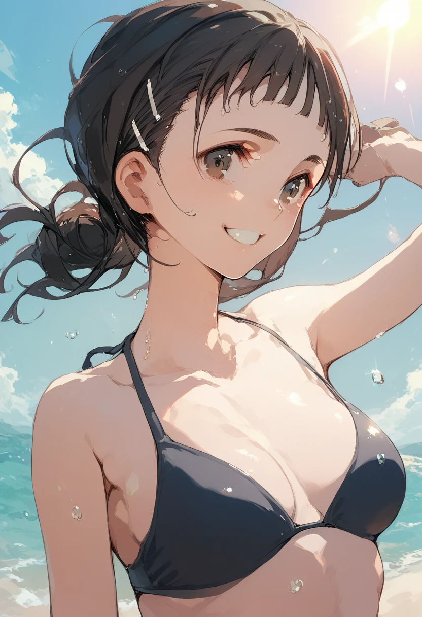 suguha,Mar，  swimsuit，  moist and shiny skin ，smile，sun，  bikini negro， Sandy Beach , long hair up to the back brown color with bangs, dark brown eyes