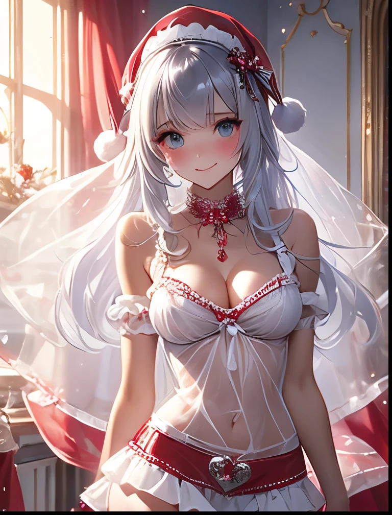 女の子1人、Christmas、nigh sky、Christmas tree、It's snowing、、Too large breasts、cleavage of the breast、white wedding dress and lace cape 、white hair、Twin-tailed、Fluffy and soft long hair、A sparkling Christmas night、stele々shining brightly、A smile、Golden Eyes、European streets are decorated for Christmas、A sexy、Transparent、wedding dress、lace veil and tiara