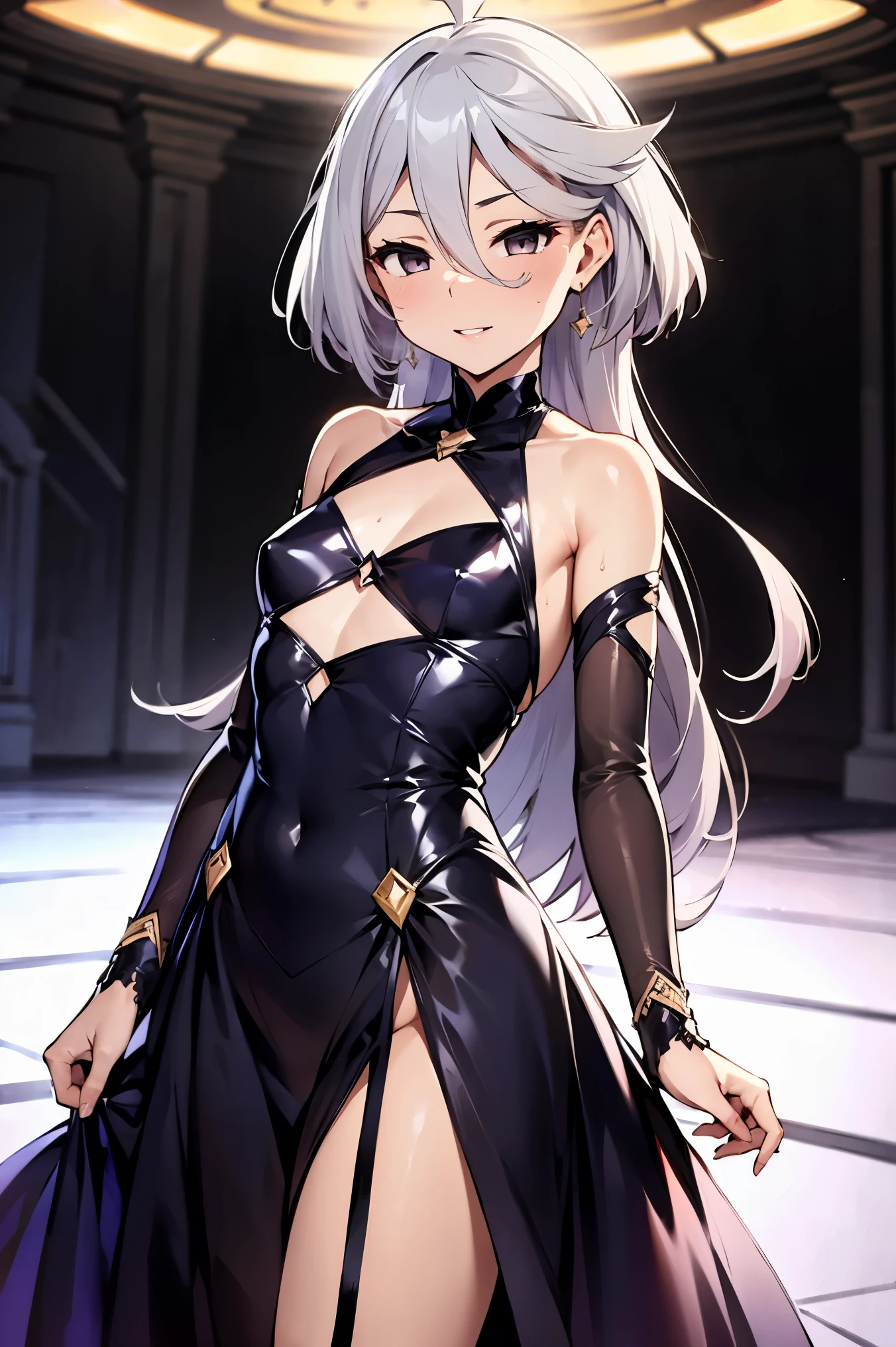 NSFW,masterpiece, top quality, high definition , very detailed ,miorine rembran、 long hair on background、 gray eyes、Grey Hair、 、bangs、 hair between eyes、Floating Hair,(High-quality dress:1.3), party venue 