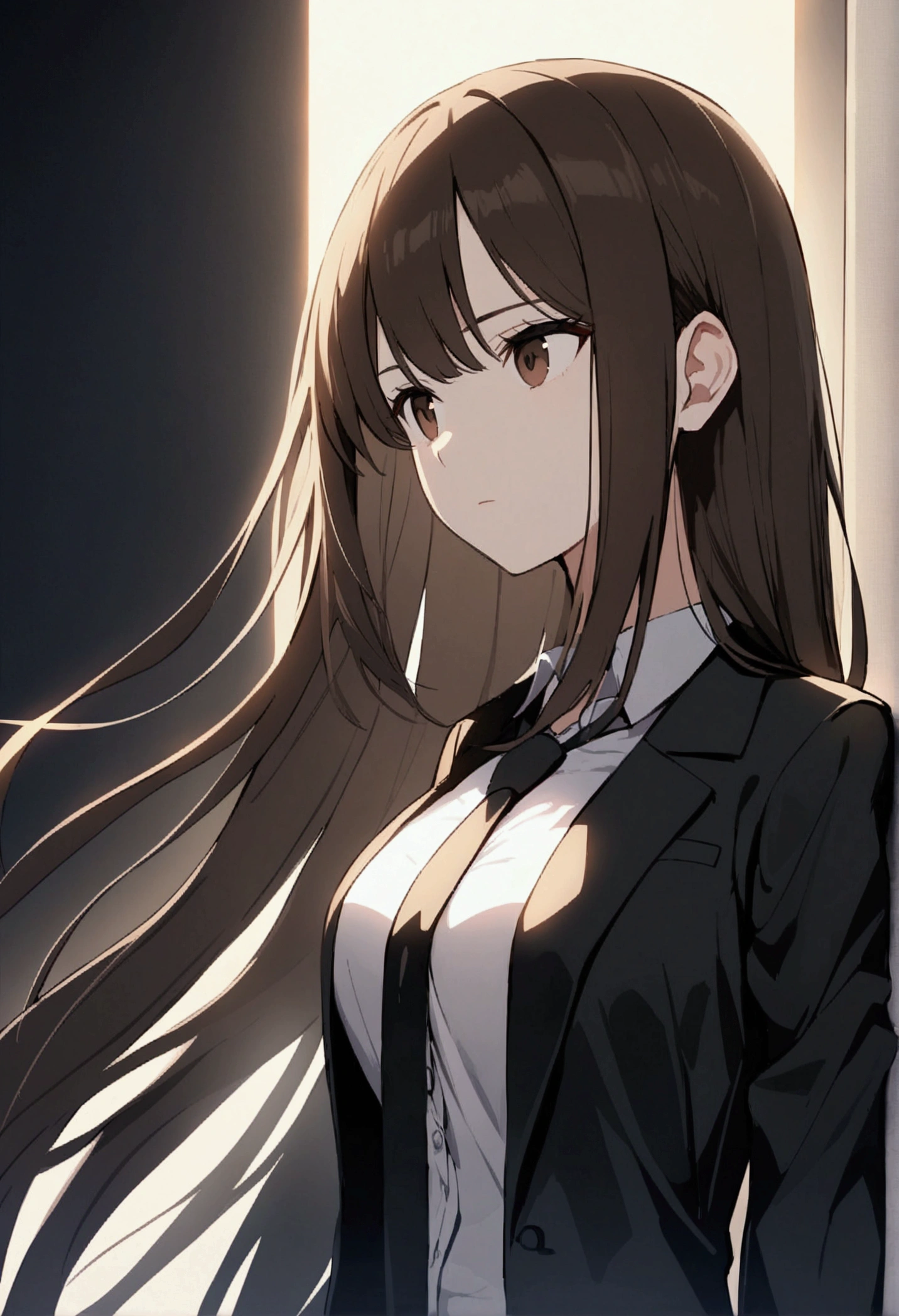 Woman, black brown hair, long straight hair, no bangs, innocent and nice looking face, 157cm tall, big chest for small size, black suit with long tie a little loose and top buttoned, expressionless, front