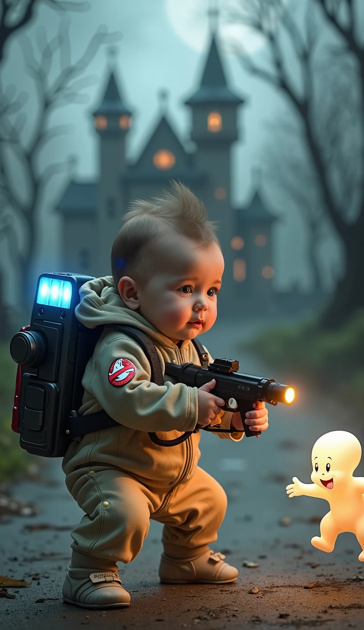 A highly realistic and adorable **** dressed as a Ghostbuster, wearing a tiny, detailed beige onesie with the iconic Ghostbuster logo on the sleeve. The **** is holding a small toy-like proton pack with blue energy beams and bright yellows coming out, aimed at a mischievous Casper-like ghost. The ghost is semi-transparent, with a playful smile, floating near the baby. In the background, a spooky, haunted castle appears under a dark, cloudy sky. strange glowing windows and twisted trees The scene is a mix of cute and scary, with the ****'s determined expression stealing the spotlight.
