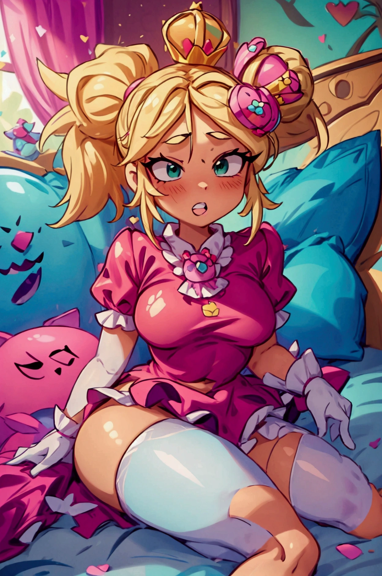 (Masterpiece, best quality) Mandy brawl stars, 1 girl, liyingin bed, indoors with intricate details and sunlight, magenta and white frilled lingerie, crown in head, blonde medium long  hair, two ponytails, green eyes, blue, dark brown skin, sexy smile, bad girl, confidense attitude, teeth showing, sexy pose, coquette, beautiful long legs, mature teen girl, gorgeous body, pronounced breasts.