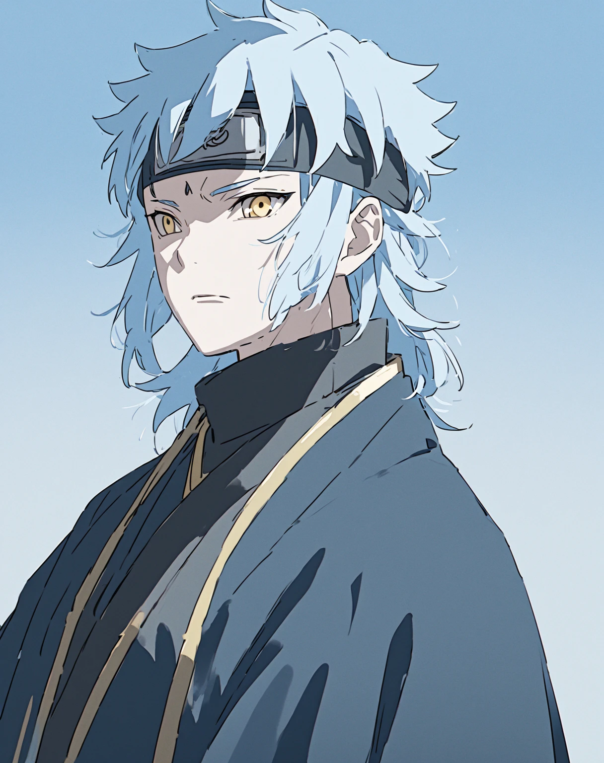 An anime-style character with messy shoulder-length light blue hair, wearing a traditional outfit of a blue shirt and black overcoat. He has golden serpentine eyes that exude confidence and calm, with a black headband tied across his forehead, reminiscent of a Konoha warrior or ninja, the headband is below his bangs and locks. The background is a simple light blue gradient, emphasizing his calm yet determined demeanor.