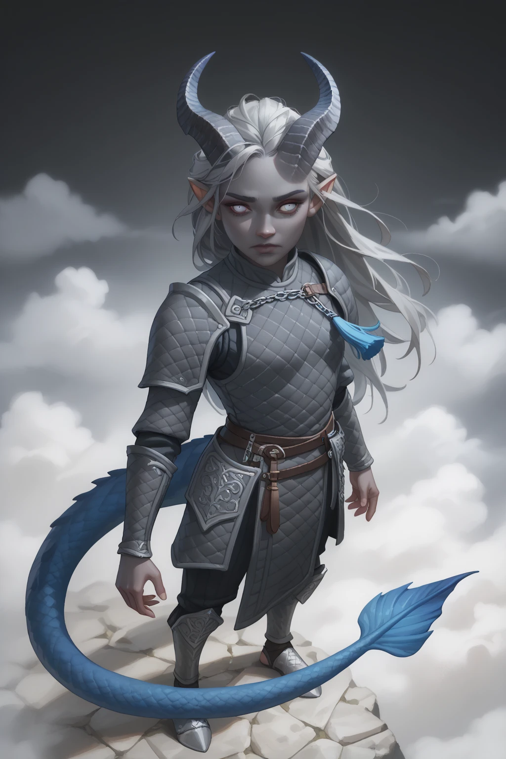 (A sprawling cedar is growing), standing nearby in the water  (((1Тiefling ,  dark blue-gray skin :1.4),  girl  ,  chainmail, gray-black armor ,   Protection on a thick blue tail,   closed mouth  ,  long, (Thick tifling tail with tassel),   dark gray horns  , long hair white ,  One,   grey hair)) ,  (  top quality ,  masterpiece fails,   highest detail  ) ,  fantasy background. blue tones, Dark tones,  fantasy background.  Clear water. clouds.  Dark colors , dark shades,  muted colors. (( view from above )).  muted colors. 